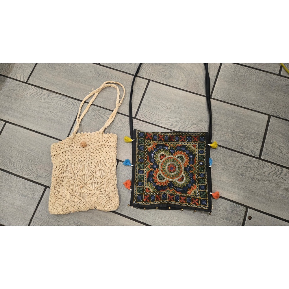 Boho Bag Bundle Macrame Crochet Tote & Embroidered Tassel Crossbody Purse 2pc